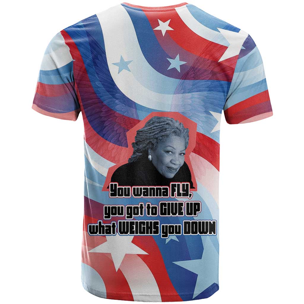 Toni Morrison T-Shirt Abstract Wings Design Empowering Quote Dual Portrait Celebration of Literary Freedom Graphic Tee