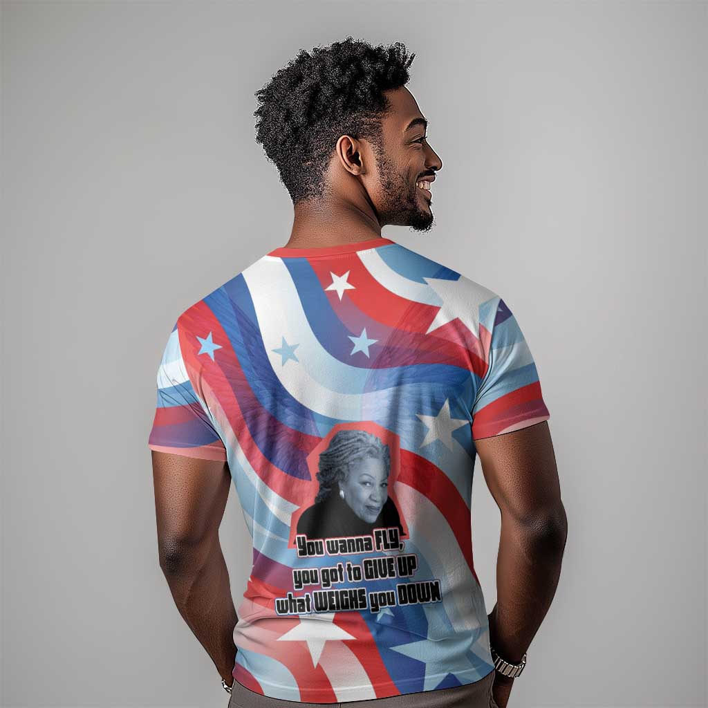 Toni Morrison T-Shirt Abstract Wings Design Empowering Quote Dual Portrait Celebration of Literary Freedom Graphic Tee