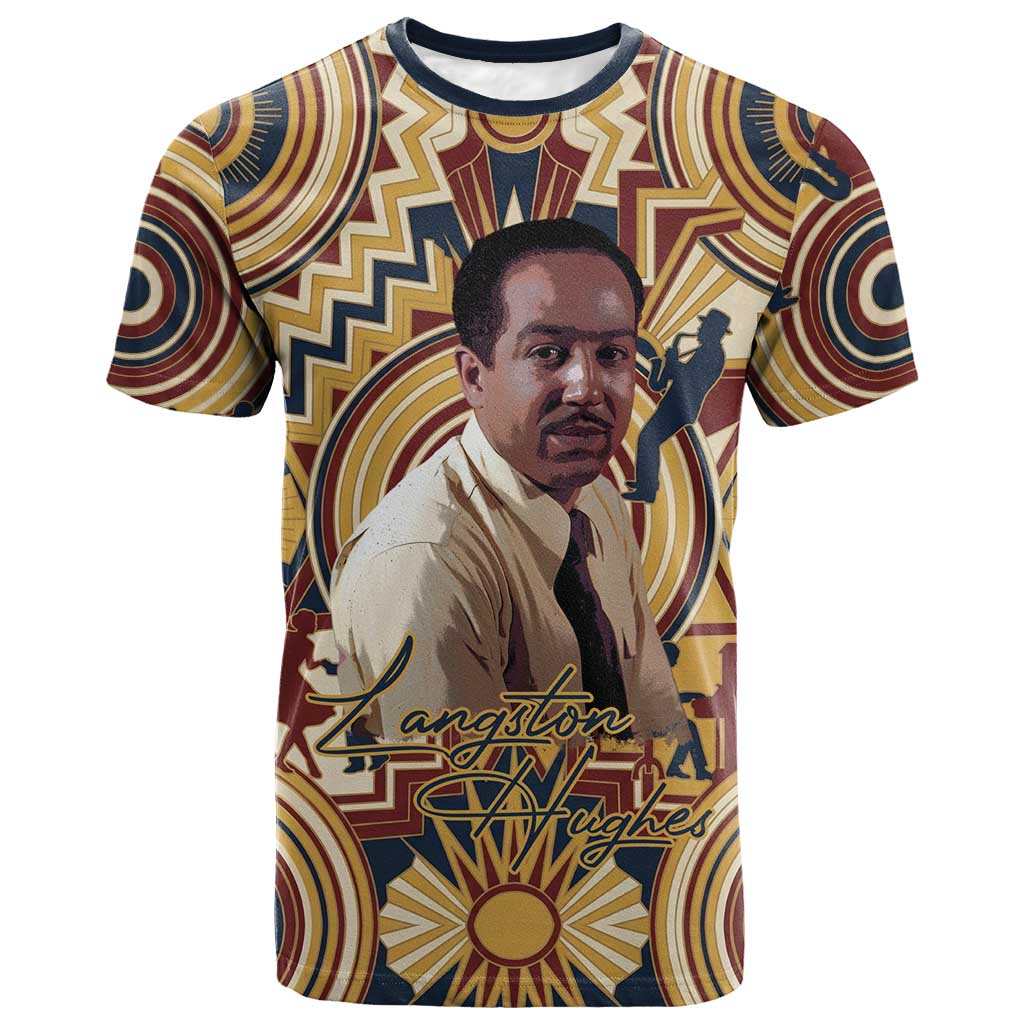 Langston Hughes T-Shirt Vibrant Jazz Age Pattern - Typewriter and Silhouettes Celebration of Harlem Renaissance Graphic Tee