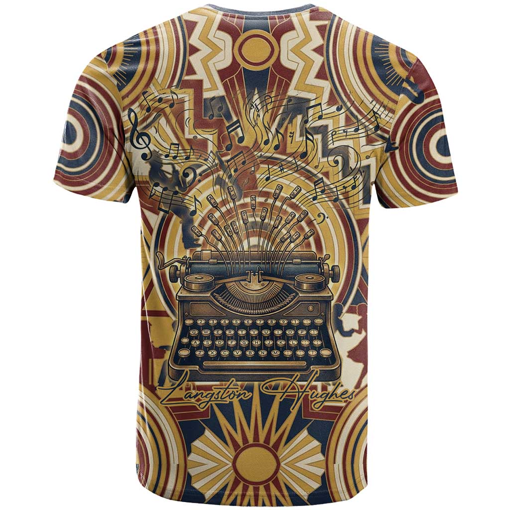 Langston Hughes T-Shirt Vibrant Jazz Age Pattern - Typewriter and Silhouettes Celebration of Harlem Renaissance Graphic Tee