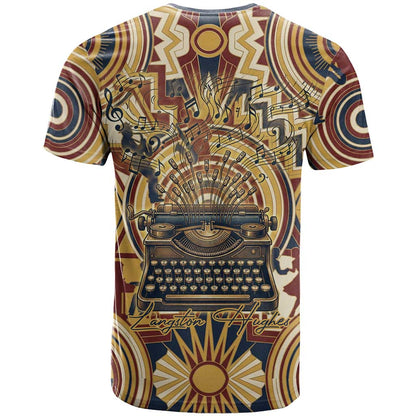 Langston Hughes T-Shirt Vibrant Jazz Age Pattern - Typewriter and Silhouettes Celebration of Harlem Renaissance Graphic Tee