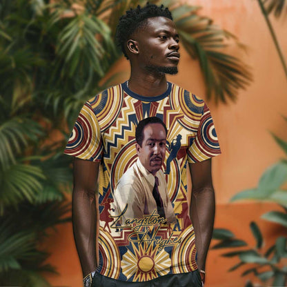 Langston Hughes T-Shirt Vibrant Jazz Age Pattern - Typewriter and Silhouettes Celebration of Harlem Renaissance Graphic Tee