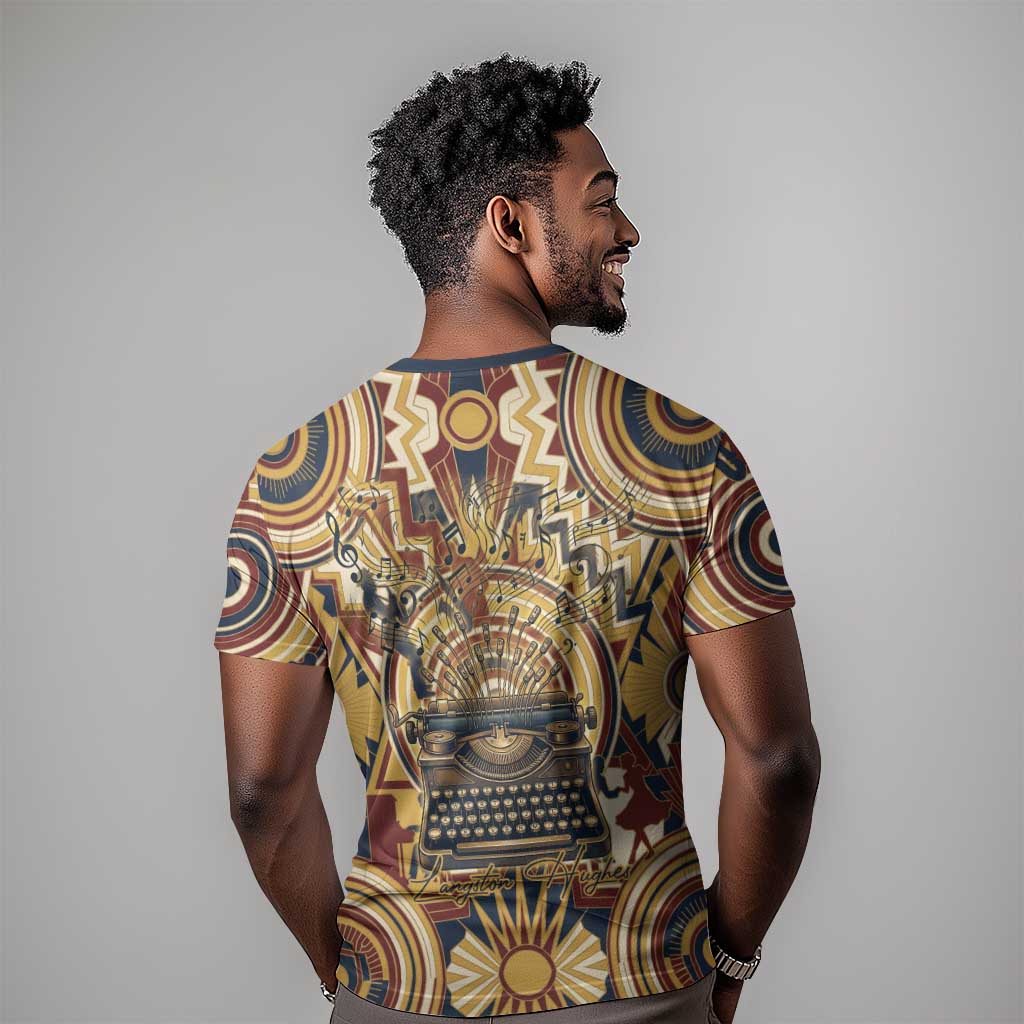 Langston Hughes T-Shirt Vibrant Jazz Age Pattern - Typewriter and Silhouettes Celebration of Harlem Renaissance Graphic Tee