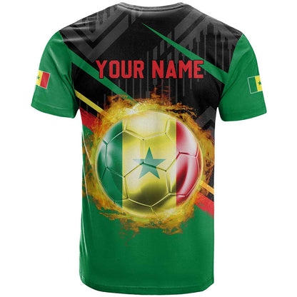 Custom Senegal T-Shirt Lion Graphic, National Flag, Fiery Soccer Ball - Bold African Pride Design Graphic Tee