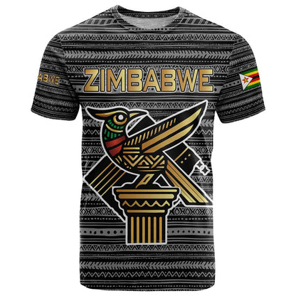 Zimbabwean Bird Statue T-Shirt Tribal Pattern with National Flag Patch and Heritage Symbol Graphic Tee