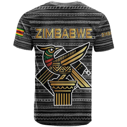 Zimbabwean Bird Statue T-Shirt Tribal Pattern with National Flag Patch and Heritage Symbol Graphic Tee