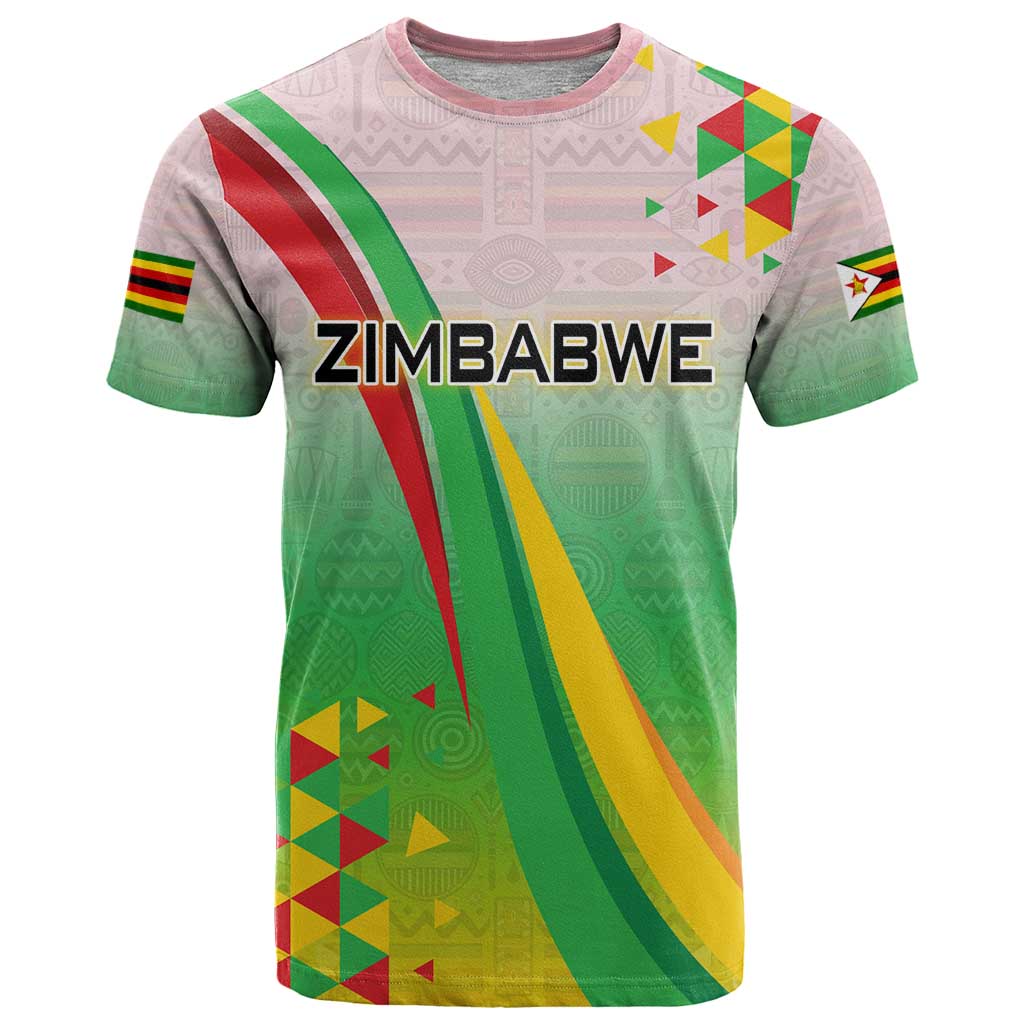 Zimbabwe Vibe T-Shirt Tribal-Inspired Background with Geometric Flag Color Design Graphic Tee