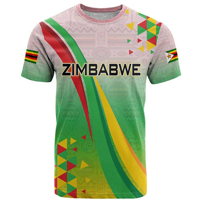 Zimbabwe Vibe T-Shirt Tribal-Inspired Background with Geometric Flag Color Design Graphic Tee