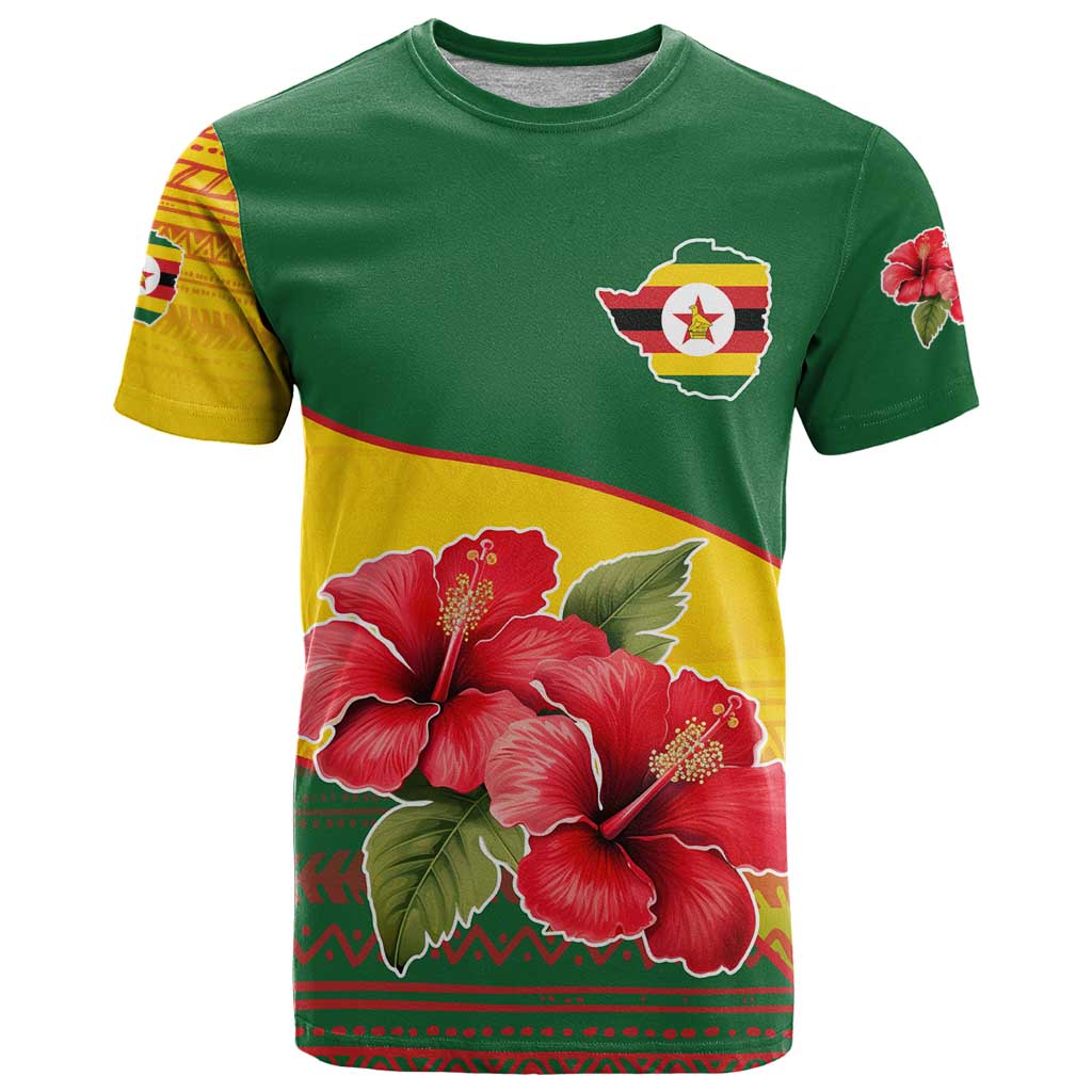 Zimbabwe Flag Map and Red Hibiscus Flowers T-Shirt with African Tribal Pattern Graphic Tee