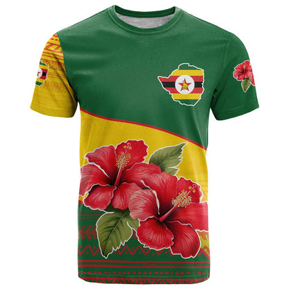 Zimbabwe Flag Map and Red Hibiscus Flowers T-Shirt with African Tribal Pattern Graphic Tee
