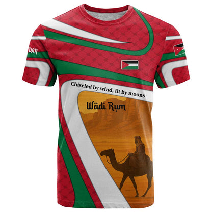 Wadi Rum Desert T-Shirt with Camel Rider and Jordan Flag Colors Graphic Tee