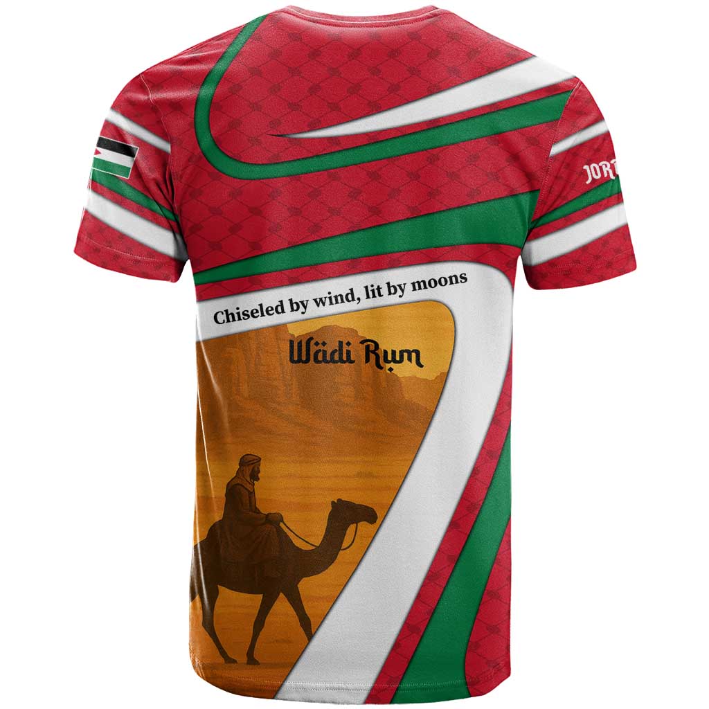 Wadi Rum Desert T-Shirt with Camel Rider and Jordan Flag Colors Graphic Tee