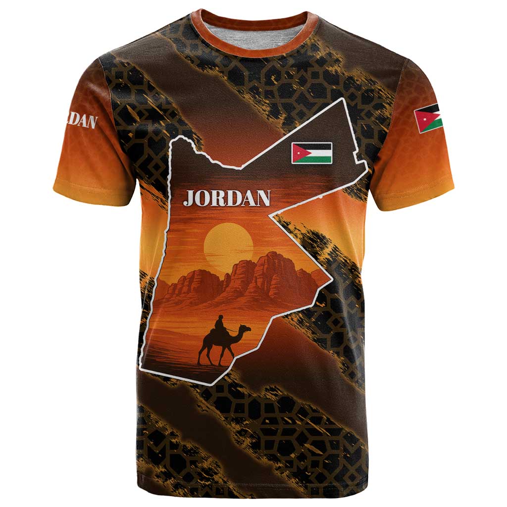 Jordan Desert Sunset T-Shirt with Camel and Traditional Geometric Pattern Graphic Tee