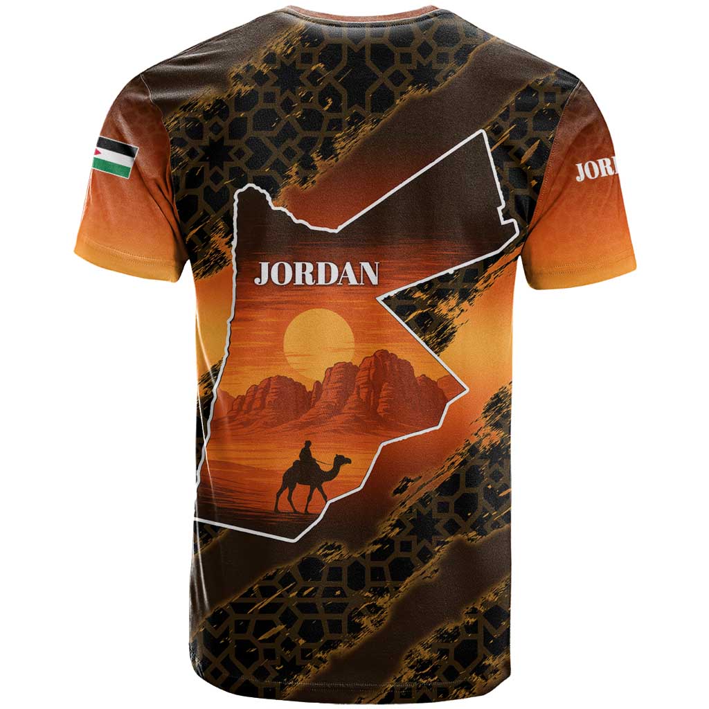 Jordan Desert Sunset T-Shirt with Camel and Traditional Geometric Pattern Graphic Tee