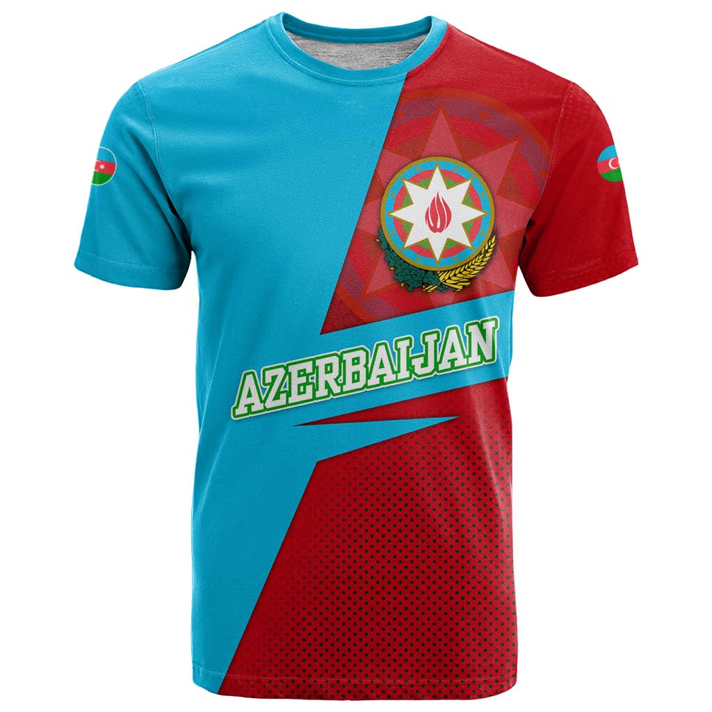 Azerbaijan National Emblem T-Shirt with Modern Flag Color Block Design Graphic Tee