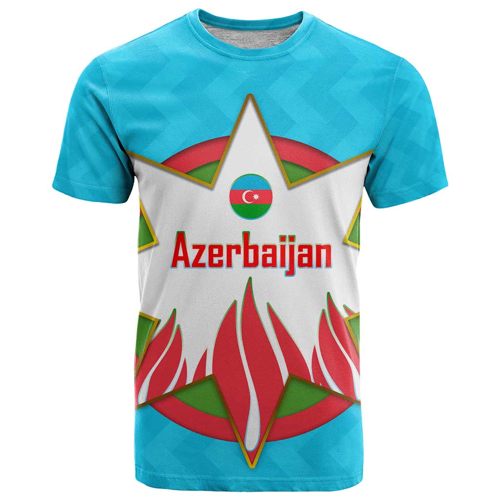 Azerbaijan National Emblem T-Shirt with Star and Flame Design in Sky Blue Graphic Tee