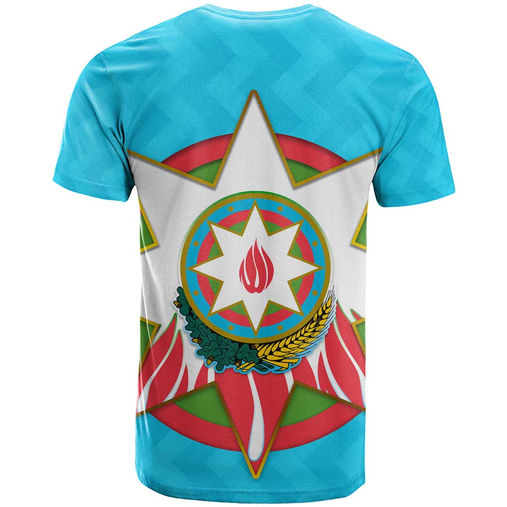 Azerbaijan National Emblem T-Shirt with Star and Flame Design in Sky Blue Graphic Tee