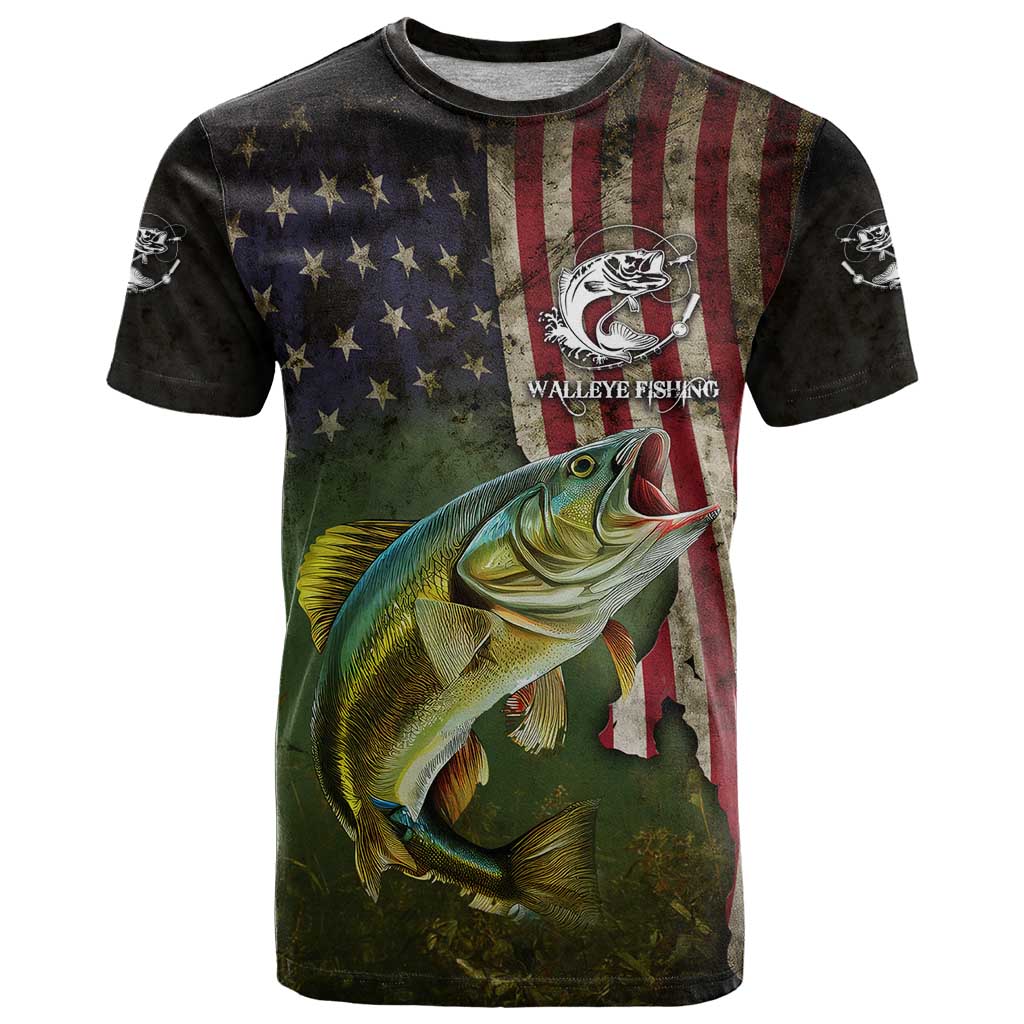 Personalized Walleye Fishing T-Shirt American Flag Background and Green Grunge Style Design Graphic Tee