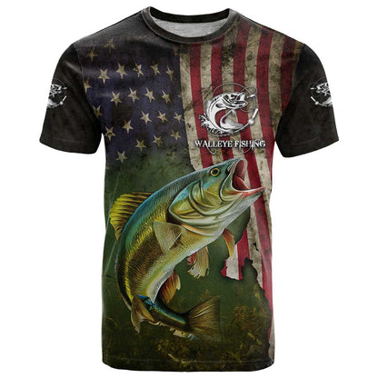 Personalized Walleye Fishing T-Shirt American Flag Background and Green Grunge Style Design Graphic Tee