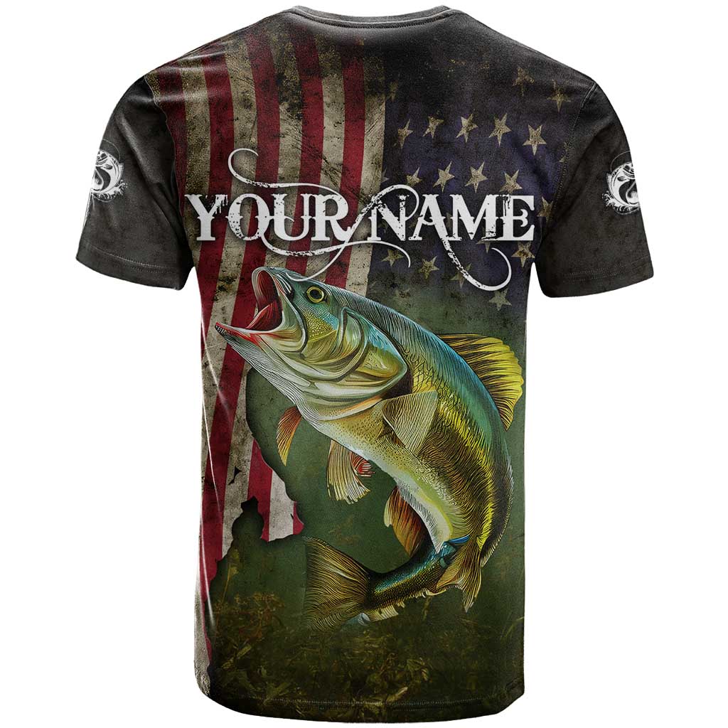 Personalized Walleye Fishing T-Shirt American Flag Background and Green Grunge Style Design Graphic Tee