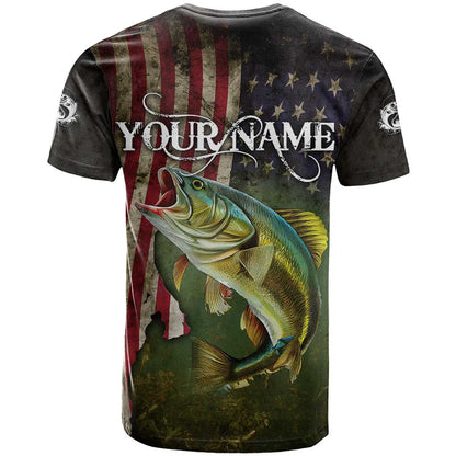 Personalized Walleye Fishing T-Shirt American Flag Background and Green Grunge Style Design Graphic Tee