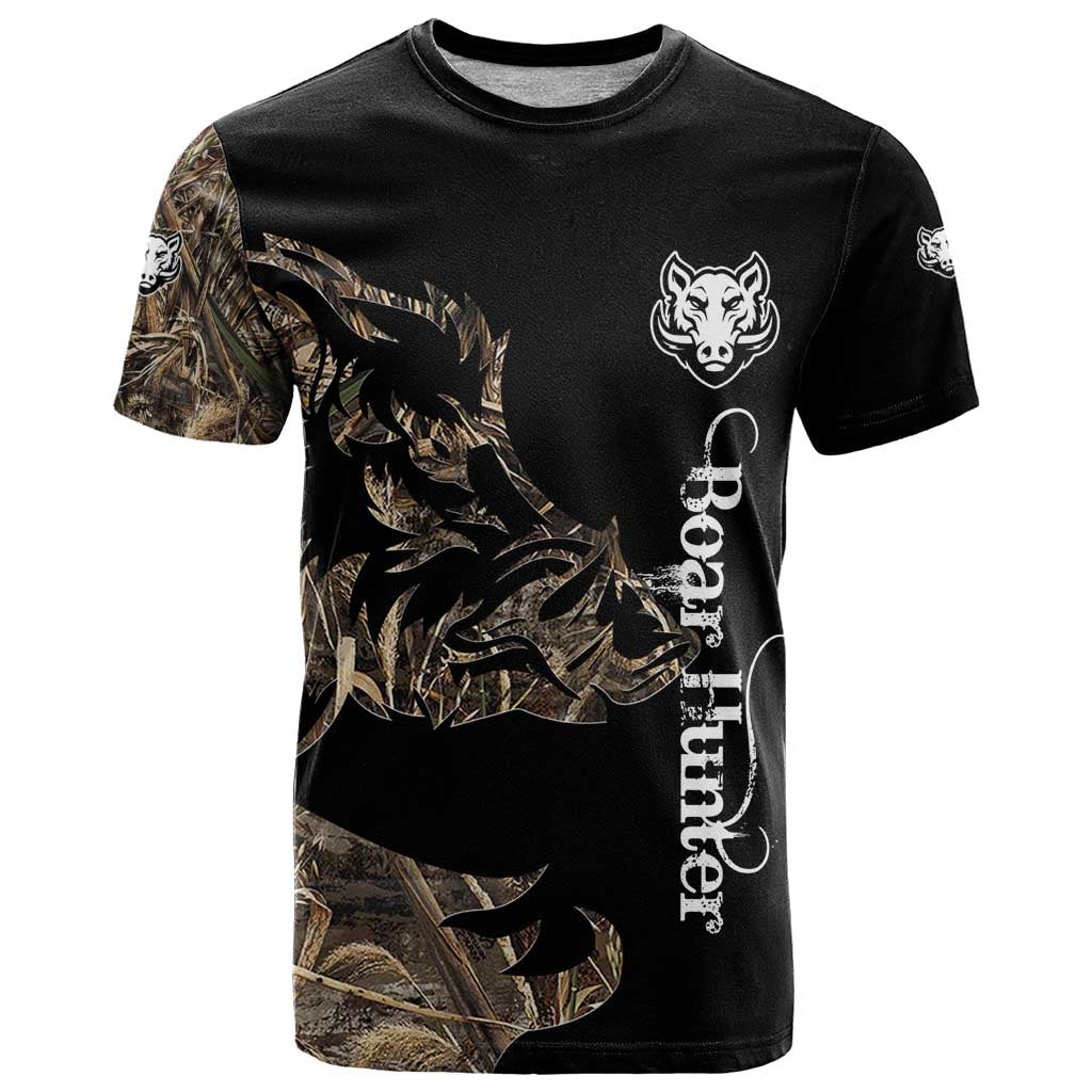 Personalized Boar Hunting Camouflage T-Shirt Wild Hog Silhouette and Black Tactical Camo Graphic Tee