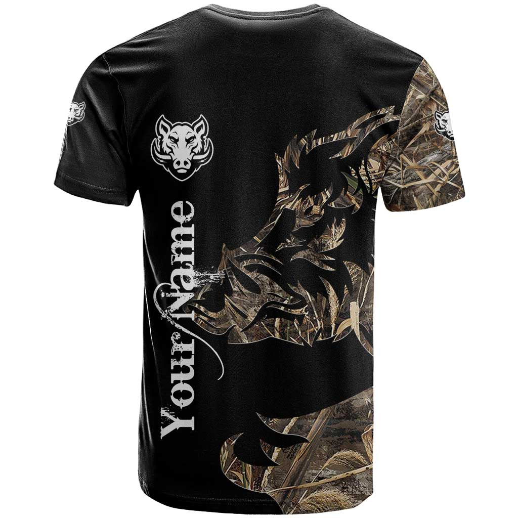 Personalized Boar Hunting Camouflage T-Shirt Wild Hog Silhouette and Black Tactical Camo Graphic Tee