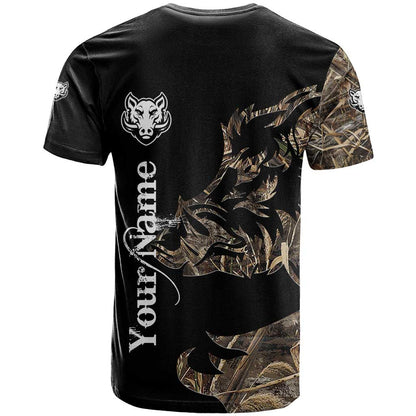 Personalized Boar Hunting Camouflage T-Shirt Wild Hog Silhouette and Black Tactical Camo Graphic Tee