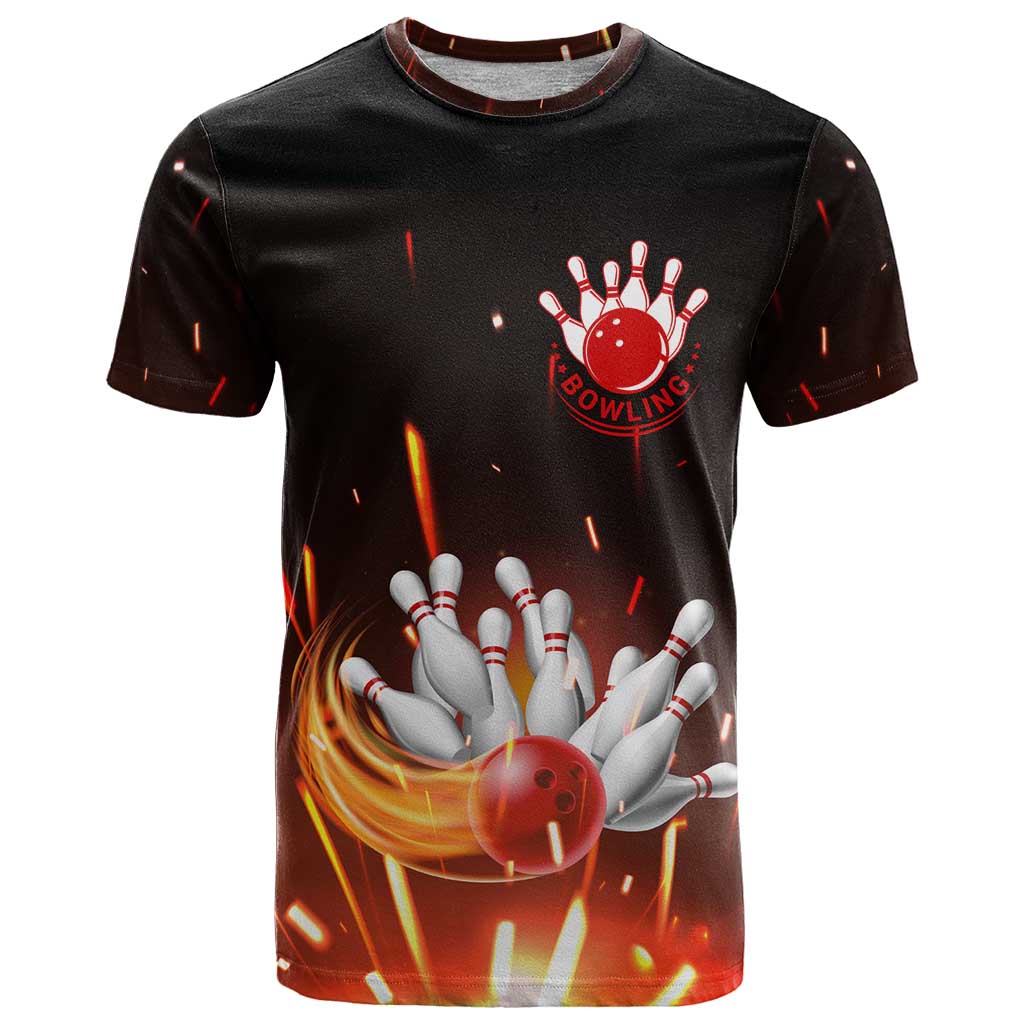 Personalized Bowling Ball and Pins T-Shirt Fiery Motion Trail and Spark Effect Design Graphic Tee