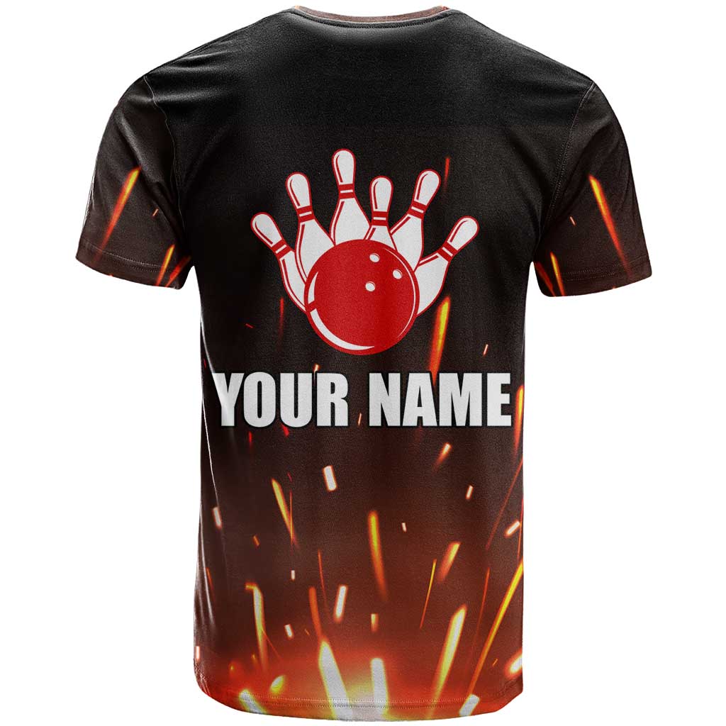 Personalized Bowling Ball and Pins T-Shirt Fiery Motion Trail and Spark Effect Design Graphic Tee