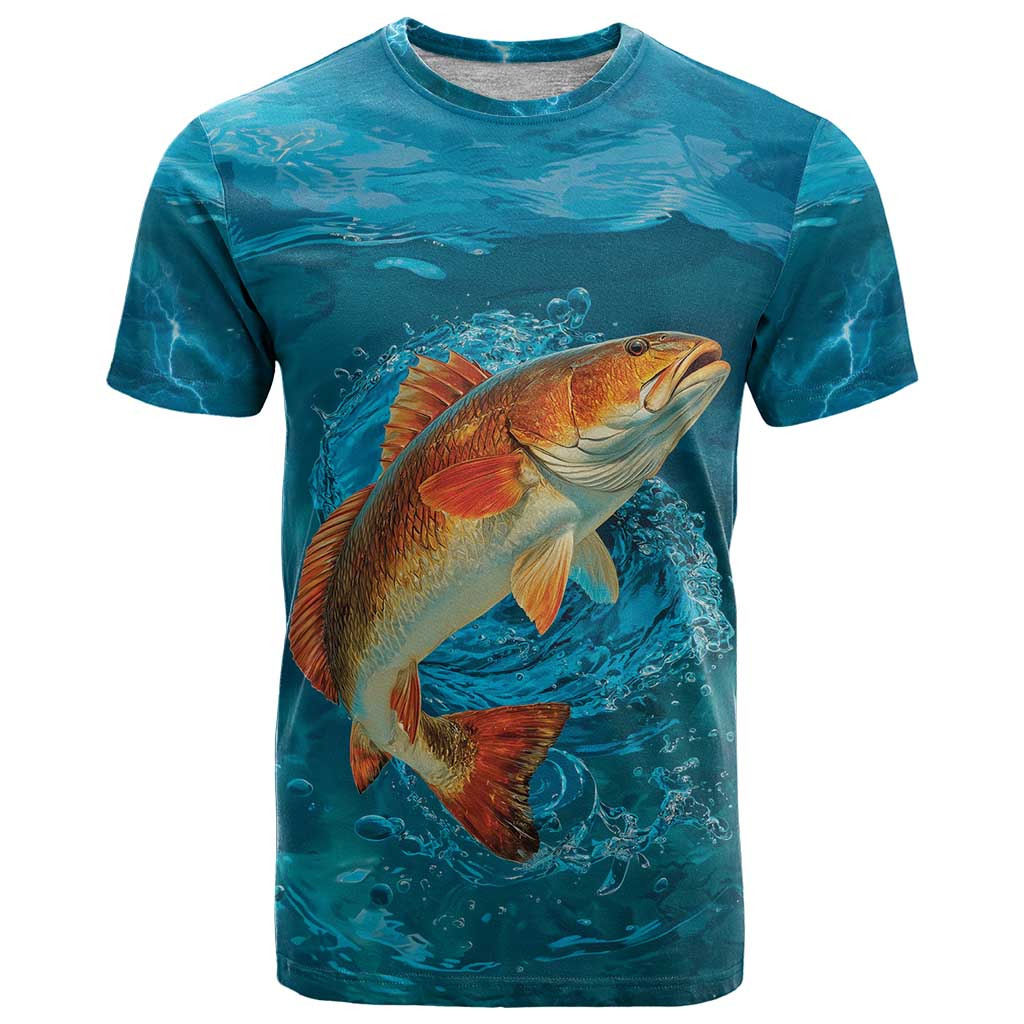 Personalized Redfish Puppy Drum Leaping in Ocean Splash T-Shirt Blue Lightning Water Background Design Graphic Tee