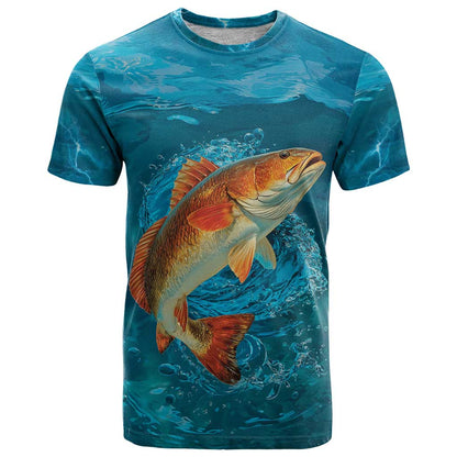 Personalized Redfish Puppy Drum Leaping in Ocean Splash T-Shirt Blue Lightning Water Background Design Graphic Tee