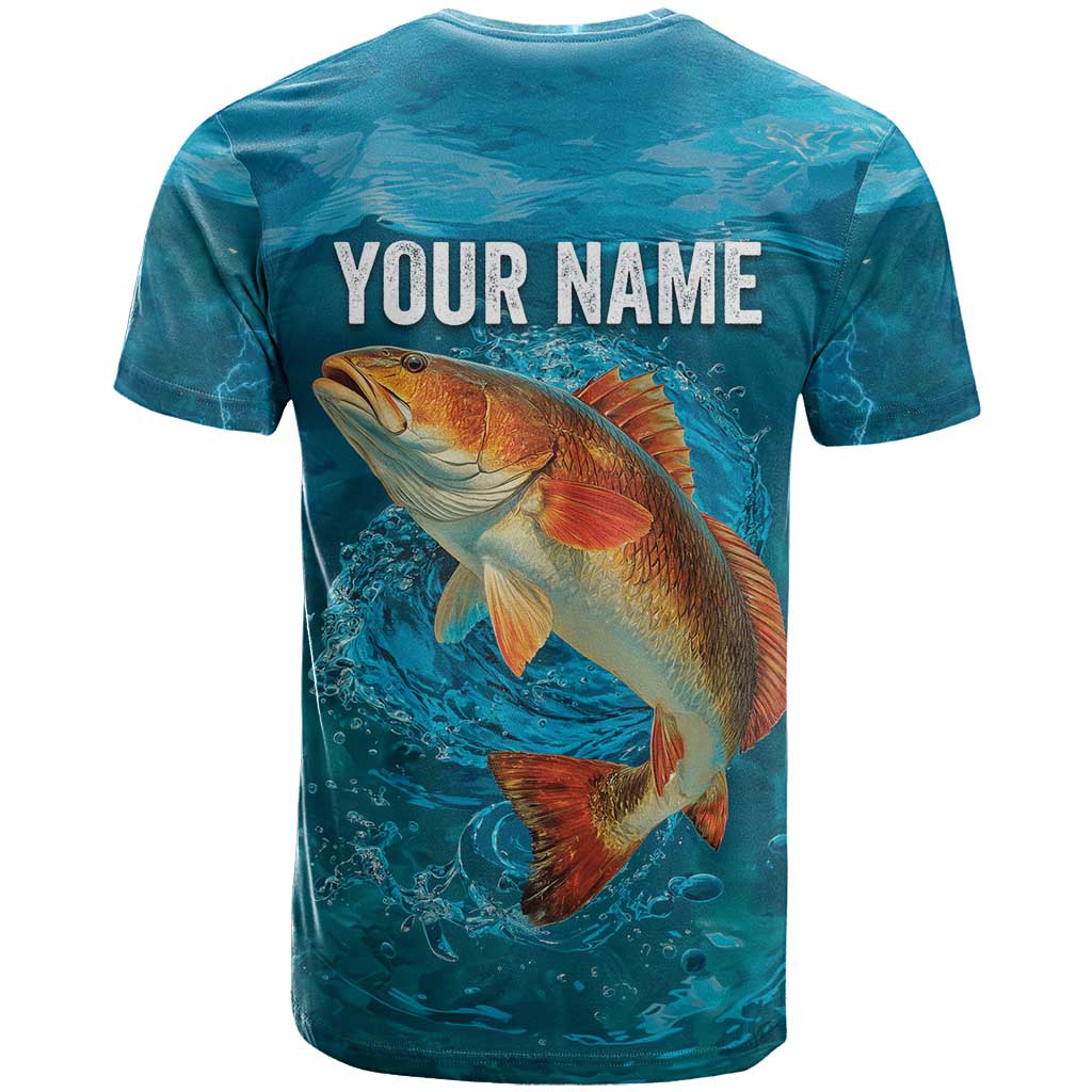 Personalized Redfish Puppy Drum Leaping in Ocean Splash T-Shirt Blue Lightning Water Background Design Graphic Tee