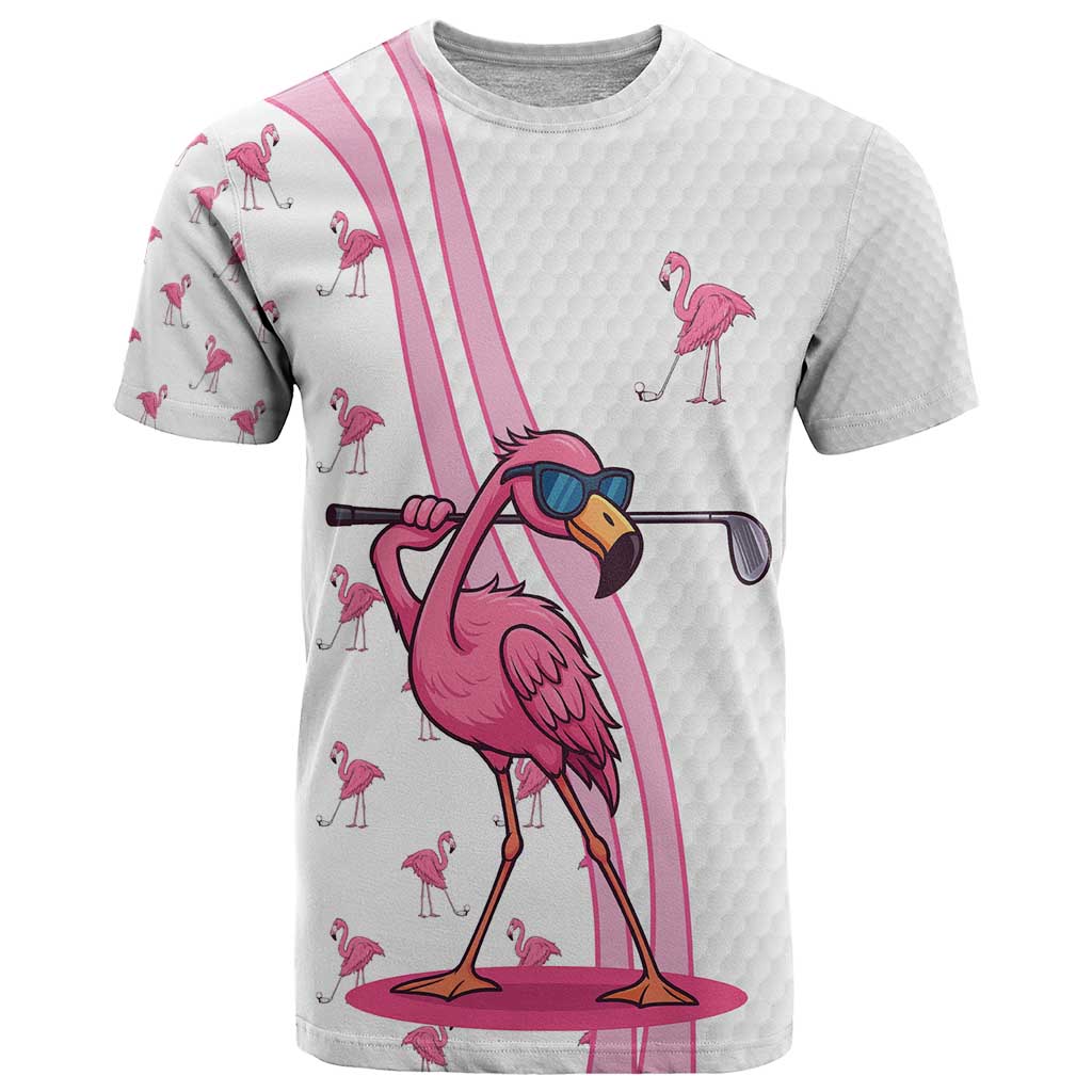 Personalized Pink Flamingo Playing Golf T-Shirt Sunglasses and White Pattern Background Design Graphic Tee