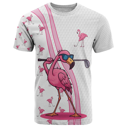 Personalized Pink Flamingo Playing Golf T-Shirt Sunglasses and White Pattern Background Design Graphic Tee