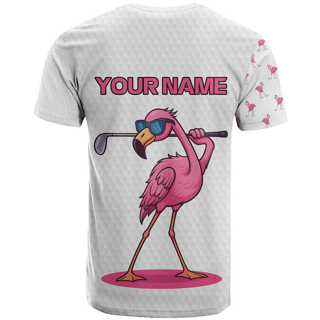 Personalized Pink Flamingo Playing Golf T-Shirt Sunglasses and White Pattern Background Design Graphic Tee