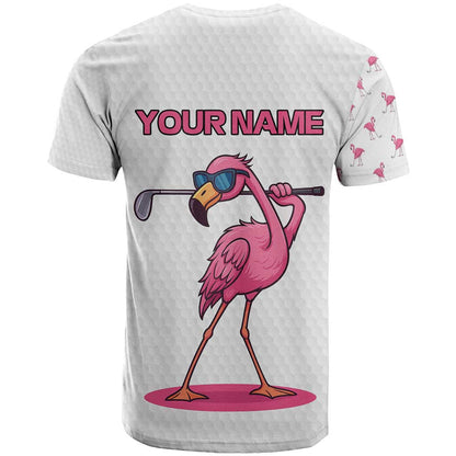 Personalized Pink Flamingo Playing Golf T-Shirt Sunglasses and White Pattern Background Design Graphic Tee