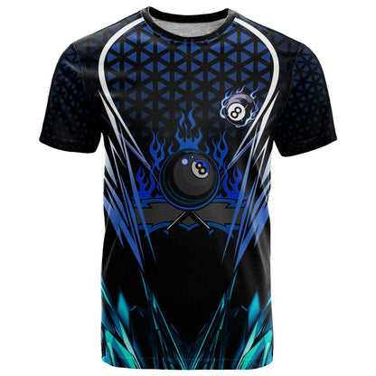 Billiards Design T-Shirt with Blue Flame Eight Ball and Lightning Pattern in Black Cyan Gradient Background Graphic Tee