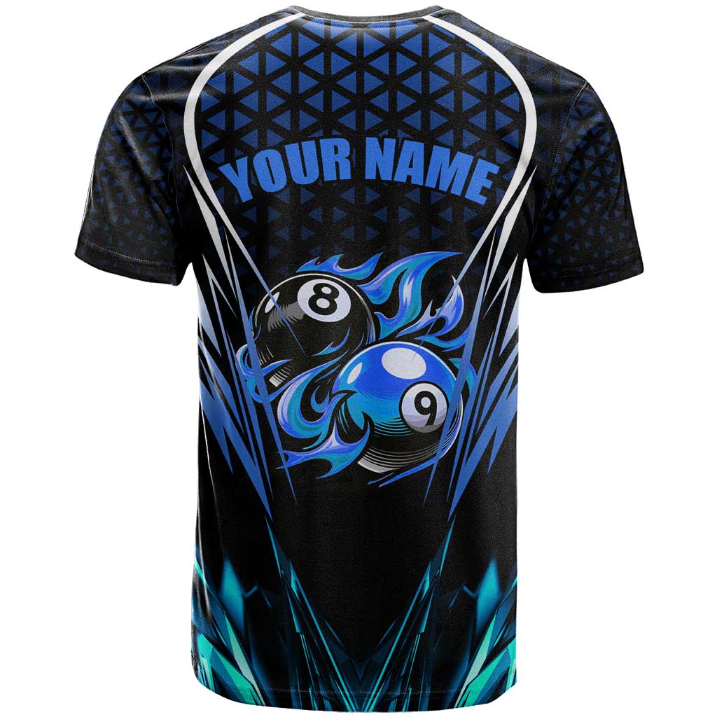 Billiards Design T-Shirt with Blue Flame Eight Ball and Lightning Pattern in Black Cyan Gradient Background Graphic Tee