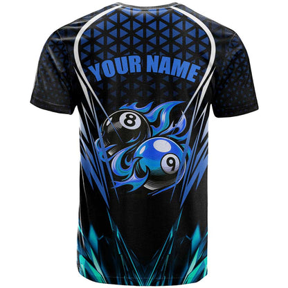 Billiards Design T-Shirt with Blue Flame Eight Ball and Lightning Pattern in Black Cyan Gradient Background Graphic Tee