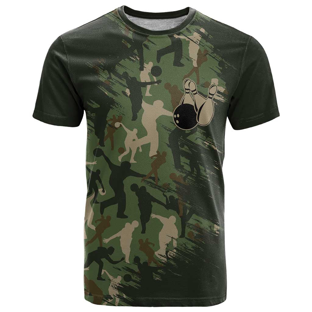 Bowling Camouflage Pattern T-Shirt with Ball and Pins Graphic in Army Green and Beige Brushstroke Design Graphic Tee