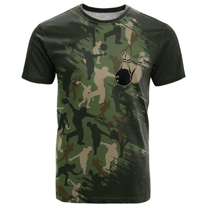 Bowling Camouflage Pattern T-Shirt with Ball and Pins Graphic in Army Green and Beige Brushstroke Design Graphic Tee