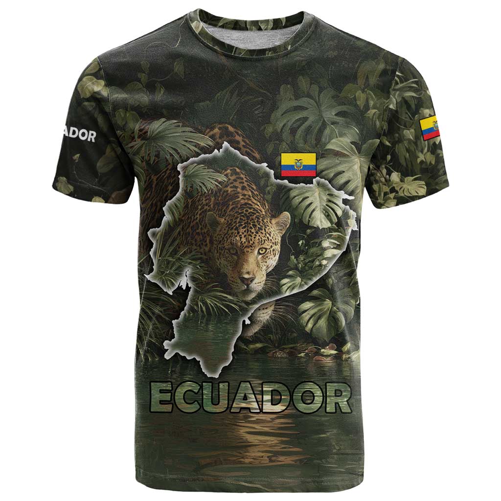Ecuador T-Shirt with Jaguar Rainforest Map Design Graphic Tee
