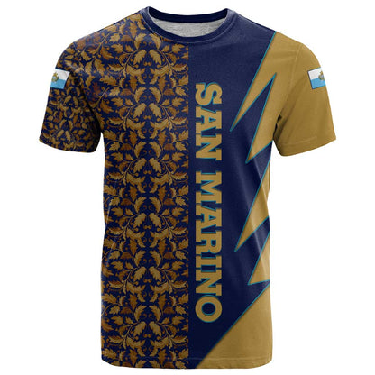 San Marino T-Shirt with Baroque Floral and Lightning Stripe Design Graphic Tee