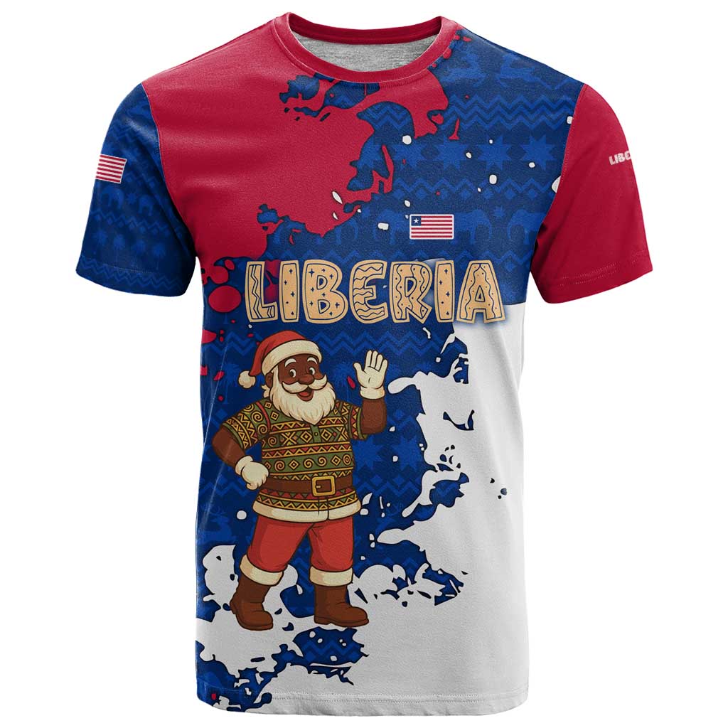 Liberia Christmas T-Shirt with Santa Claus Map Graphic and Red Blue Festive Graphic Tee
