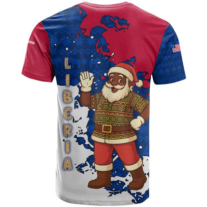 Liberia Christmas T-Shirt with Santa Claus Map Graphic and Red Blue Festive Graphic Tee