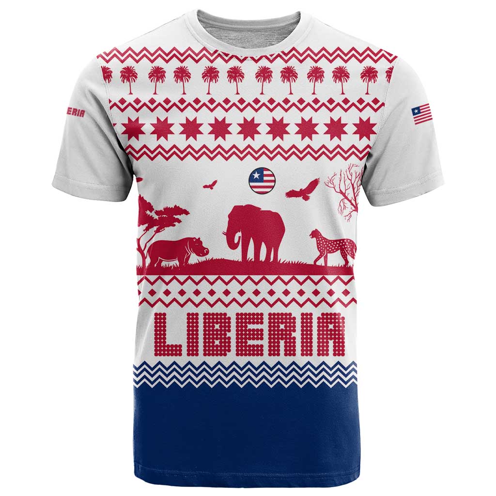Liberia Christmas T-Shirt with Red Wildlife Silhouettes and White Blue Holiday Graphic Tee