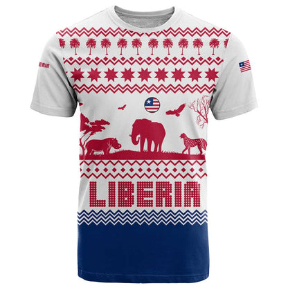 Liberia Christmas T-Shirt with Red Wildlife Silhouettes and White Blue Holiday Graphic Tee