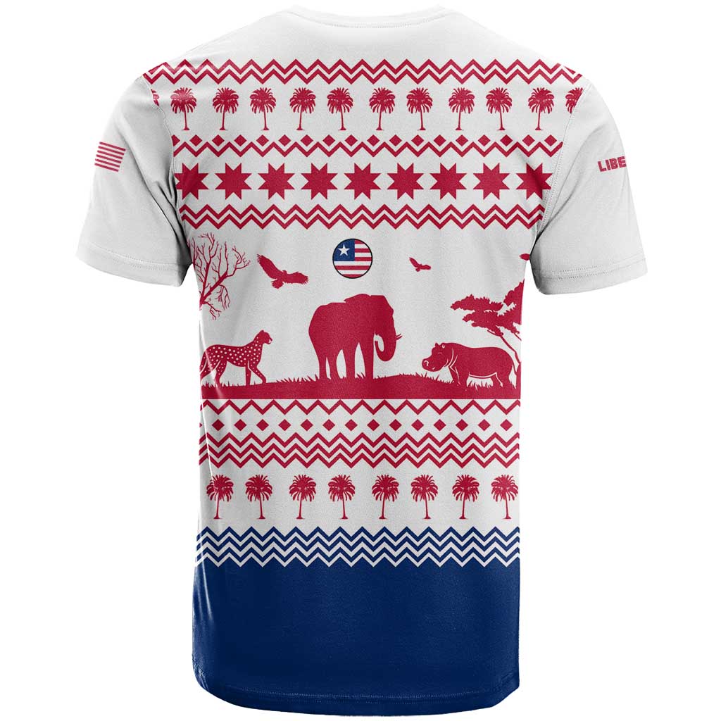 Liberia Christmas T-Shirt with Red Wildlife Silhouettes and White Blue Holiday Graphic Tee