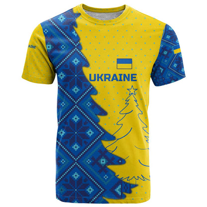 Ukraine Christmas T-Shirt with Yellow and Blue Tree Design and Traditional Embroidery Graphic Tee